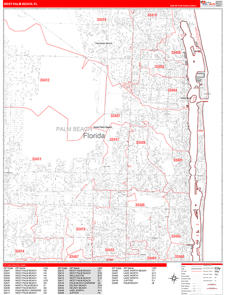 West Palm Beach City Wall Map Red Line Style